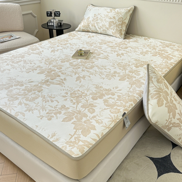 91家纺网 家纺一手货源 找家纺 宜代光年 2025新款数码印花冰藤席 床笠-冰藤繁花 咖