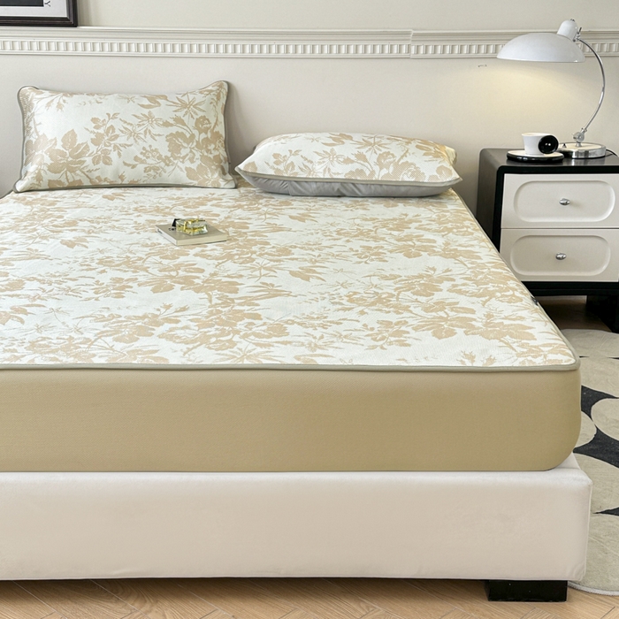 91家纺网 家纺一手货源 找家纺 宜代光年 2025新款数码印花冰藤席 床笠-冰藤繁花 咖