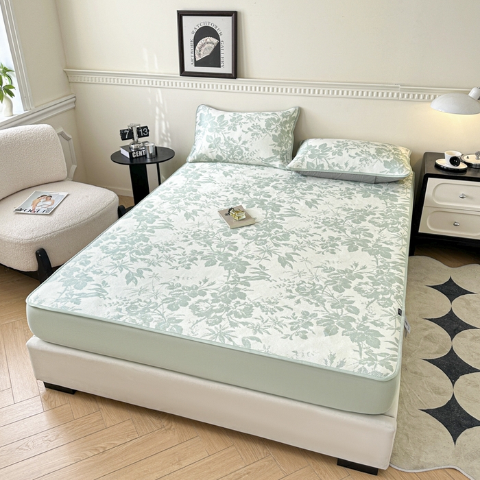 91家纺网 家纺一手货源 找家纺 宜代光年 2025新款数码印花冰藤席 床笠-冰藤繁花 绿