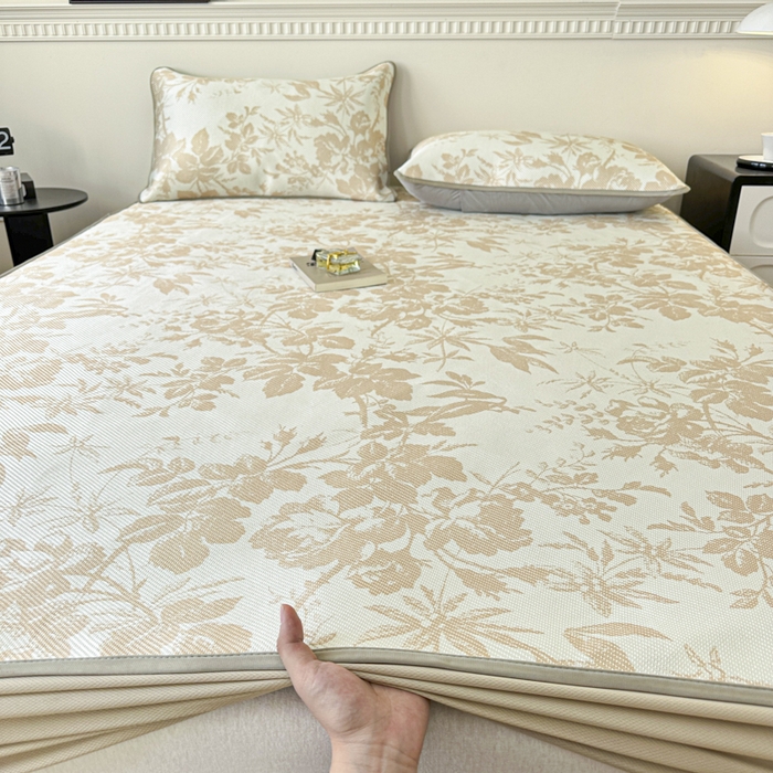 91家纺网 家纺一手货源 找家纺 宜代光年 2025新款数码印花冰藤席 床笠-冰藤繁花 咖