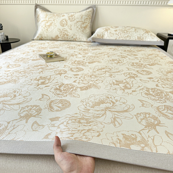 91家纺网 家纺一手货源 找家纺 宜代光年 2025新款数码印花冰藤席 床席-冰藤牡丹 咖