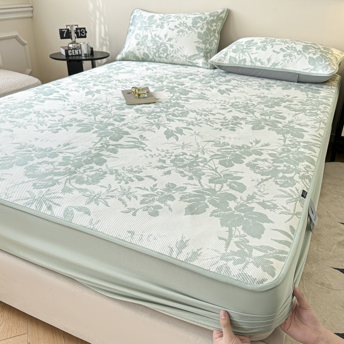 91家纺网 家纺一手货源 找家纺 宜代光年 2025新款数码印花冰藤席 床笠-冰藤繁花 绿