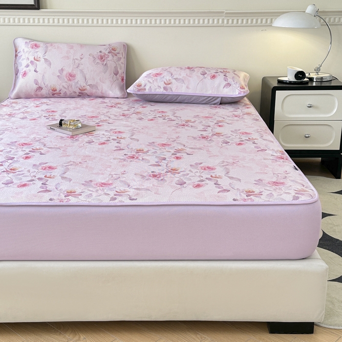 91家纺网 家纺一手货源 找家纺 宜代光年 2025新款数码印花冰藤席 床笠-冰藤玉琼枝 粉