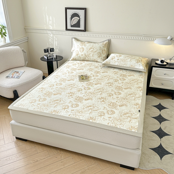 91家纺网 家纺一手货源 找家纺 宜代光年 2025新款数码印花冰藤席 床席-冰藤牡丹 咖