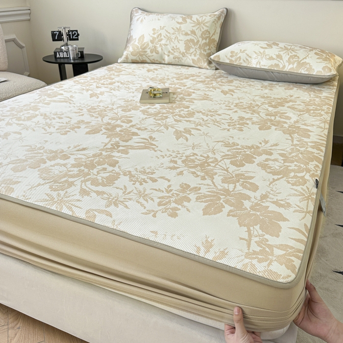 91家纺网 家纺一手货源 找家纺 宜代光年 2025新款数码印花冰藤席 床笠-冰藤繁花 咖