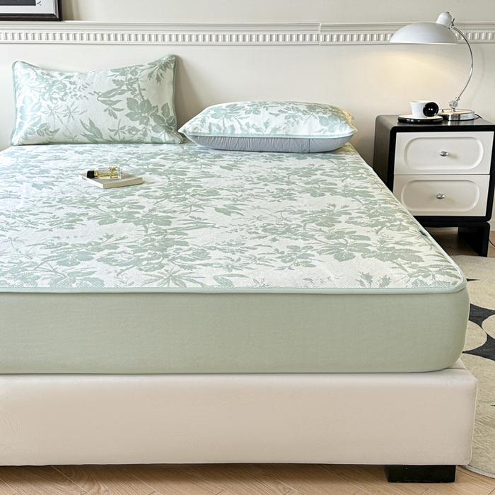 91家纺网 家纺一手货源 找家纺 宜代光年 2025新款数码印花冰藤席 床笠-冰藤繁花 绿