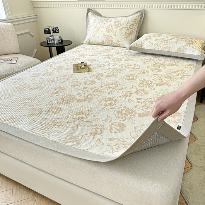 91家纺网 家纺一手货源 找家纺 宜代光年 2025新款数码印花冰藤席 床席-冰藤牡丹 咖