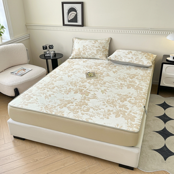 91家纺网 家纺一手货源 找家纺 宜代光年 2025新款数码印花冰藤席 床笠-冰藤繁花 咖