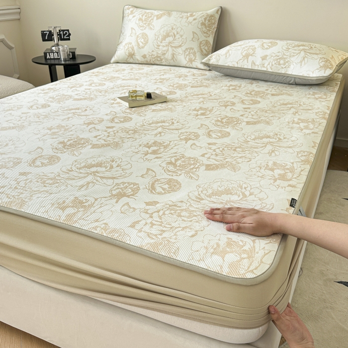 宜代光年 2025新款数码印花冰藤席 床笠 冰藤牡丹 咖