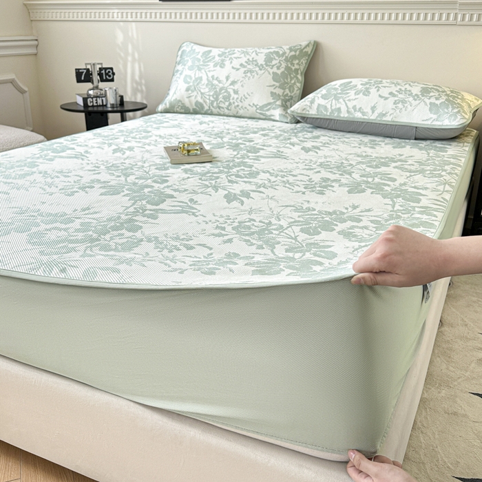 91家纺网 家纺一手货源 找家纺 宜代光年 2025新款数码印花冰藤席 床笠-冰藤繁花 绿