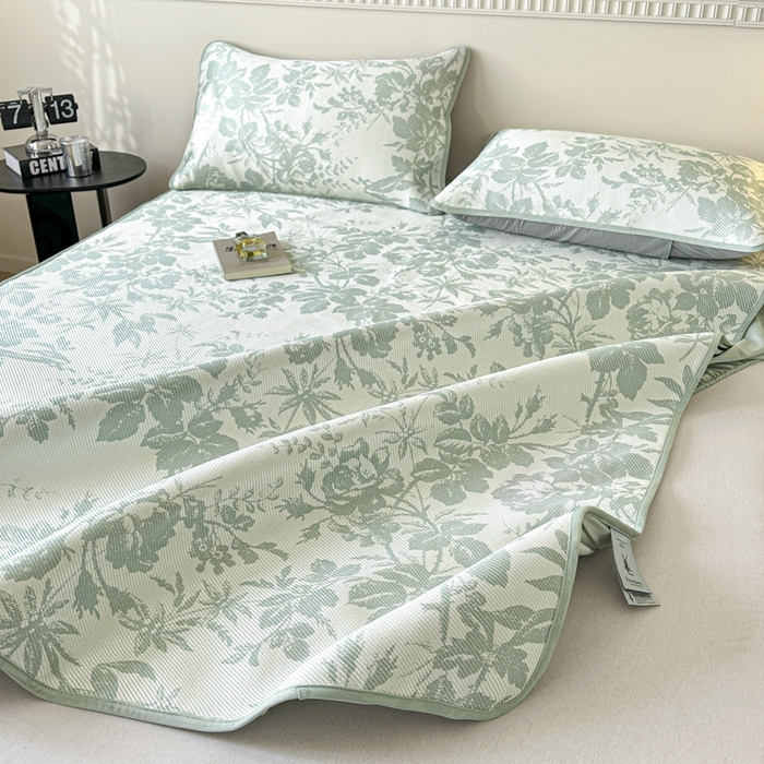 91家纺网 家纺一手货源 找家纺 宜代光年 2025新款数码印花冰藤席 床笠-冰藤繁花 绿