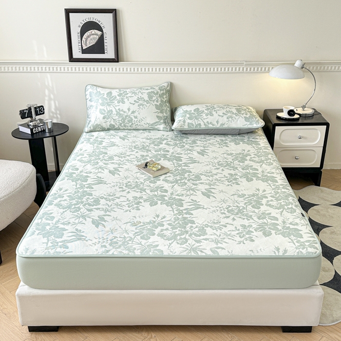 91家纺网 家纺一手货源 找家纺 宜代光年 2025新款数码印花冰藤席 床笠-冰藤繁花 绿