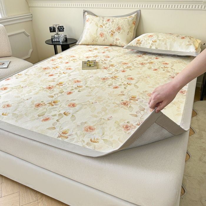 91家纺网 家纺一手货源 找家纺 宜代光年 2025新款数码印花冰藤席 床席-冰藤玉琼枝 米黄