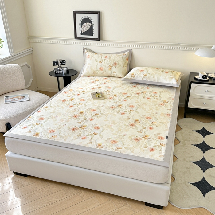 91家纺网 家纺一手货源 找家纺 宜代光年 2025新款数码印花冰藤席 床席-冰藤玉琼枝 米黄