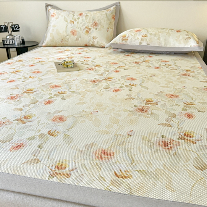 91家纺网 家纺一手货源 找家纺 宜代光年 2025新款数码印花冰藤席 床席-冰藤玉琼枝 米黄