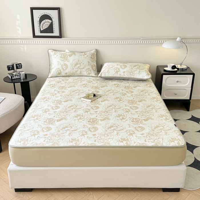 91家纺网 家纺一手货源 找家纺 宜代光年 2025新款数码印花冰藤席 床笠 冰藤牡丹 咖