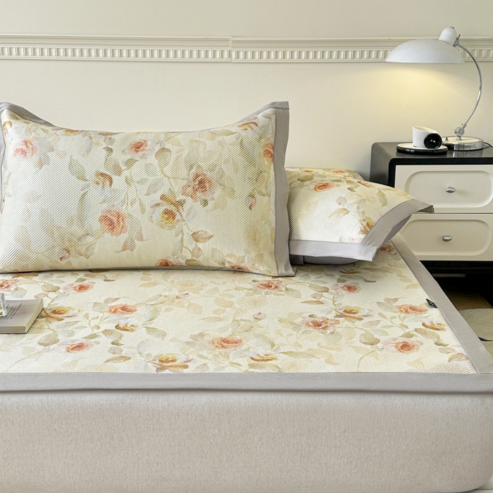 91家纺网 家纺一手货源 找家纺 宜代光年 2025新款数码印花冰藤席 床席-冰藤玉琼枝 米黄