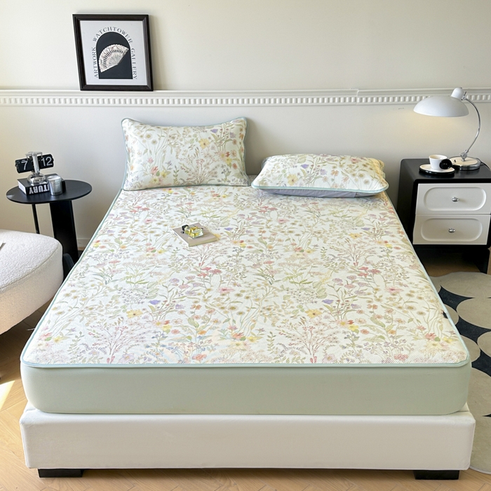 91家纺网 家纺一手货源 找家纺 宜代光年 2025新款数码印花冰藤席 床笠-冰藤醉花季