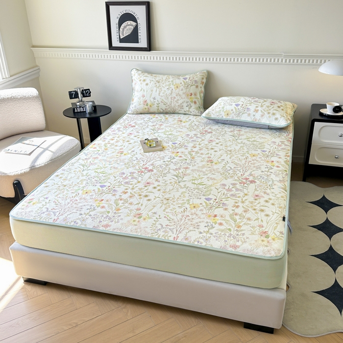 91家纺网 家纺一手货源 找家纺 宜代光年 2025新款数码印花冰藤席 床笠-冰藤醉花季