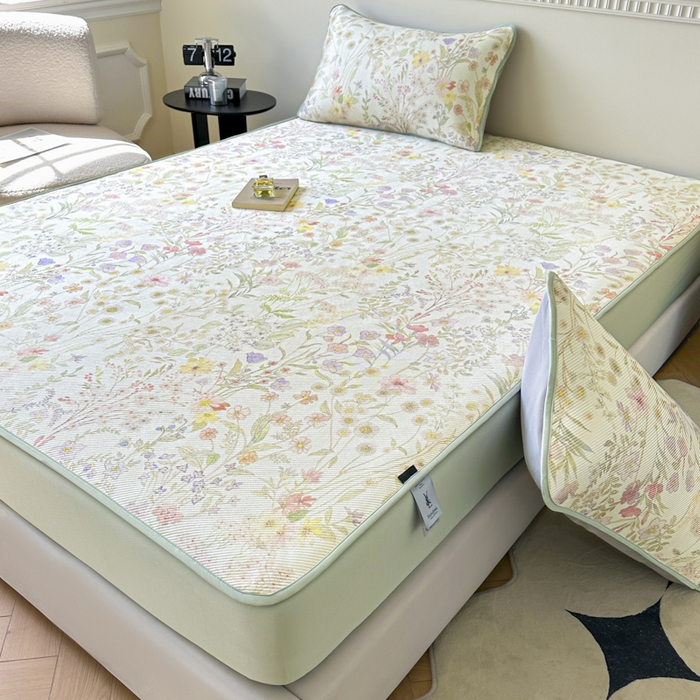 91家纺网 家纺一手货源 找家纺 宜代光年 2025新款数码印花冰藤席 床笠-冰藤醉花季