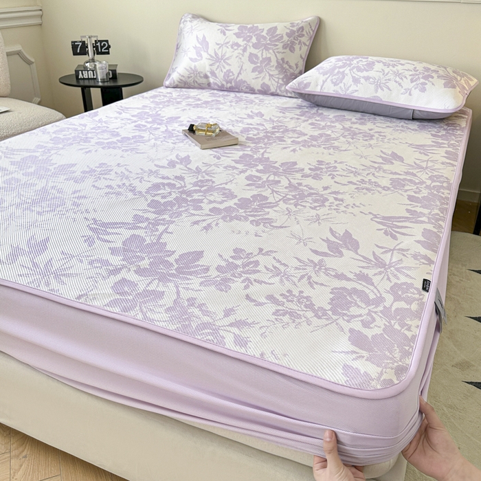 91家纺网 家纺一手货源 找家纺 宜代光年 2025新款数码印花冰藤席 床笠-冰藤繁花 紫