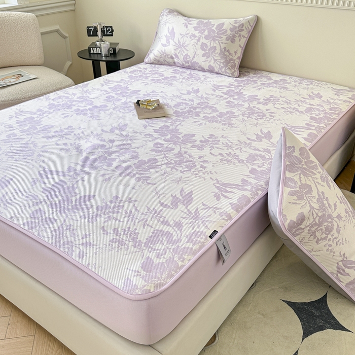 91家纺网 家纺一手货源 找家纺 宜代光年 2025新款数码印花冰藤席 床笠-冰藤繁花 紫