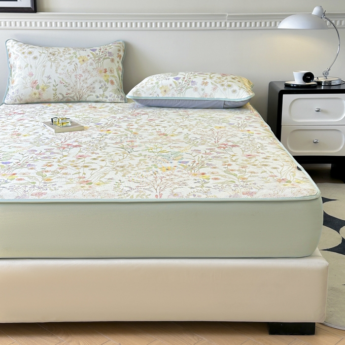 91家纺网 家纺一手货源 找家纺 宜代光年 2025新款数码印花冰藤席 床笠-冰藤醉花季