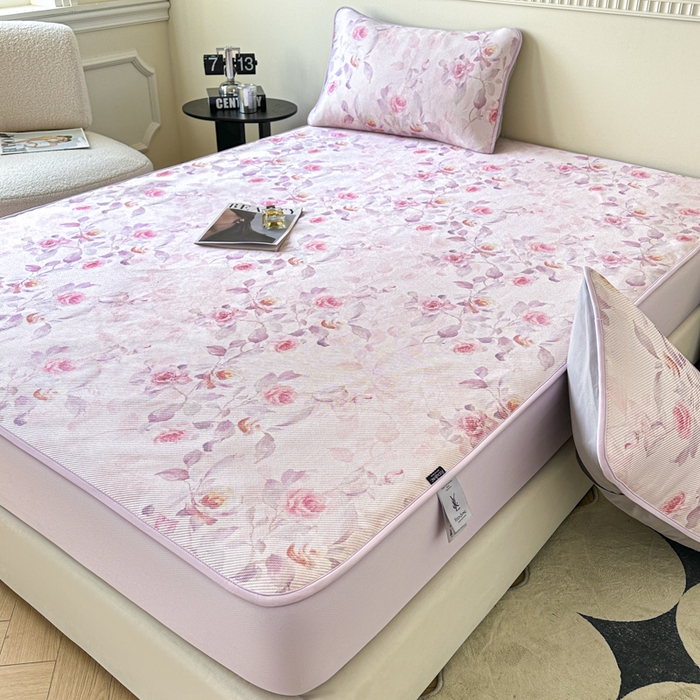 91家纺网 家纺一手货源 找家纺 宜代光年 2025新款数码印花冰藤席 床笠-冰藤玉琼枝 粉