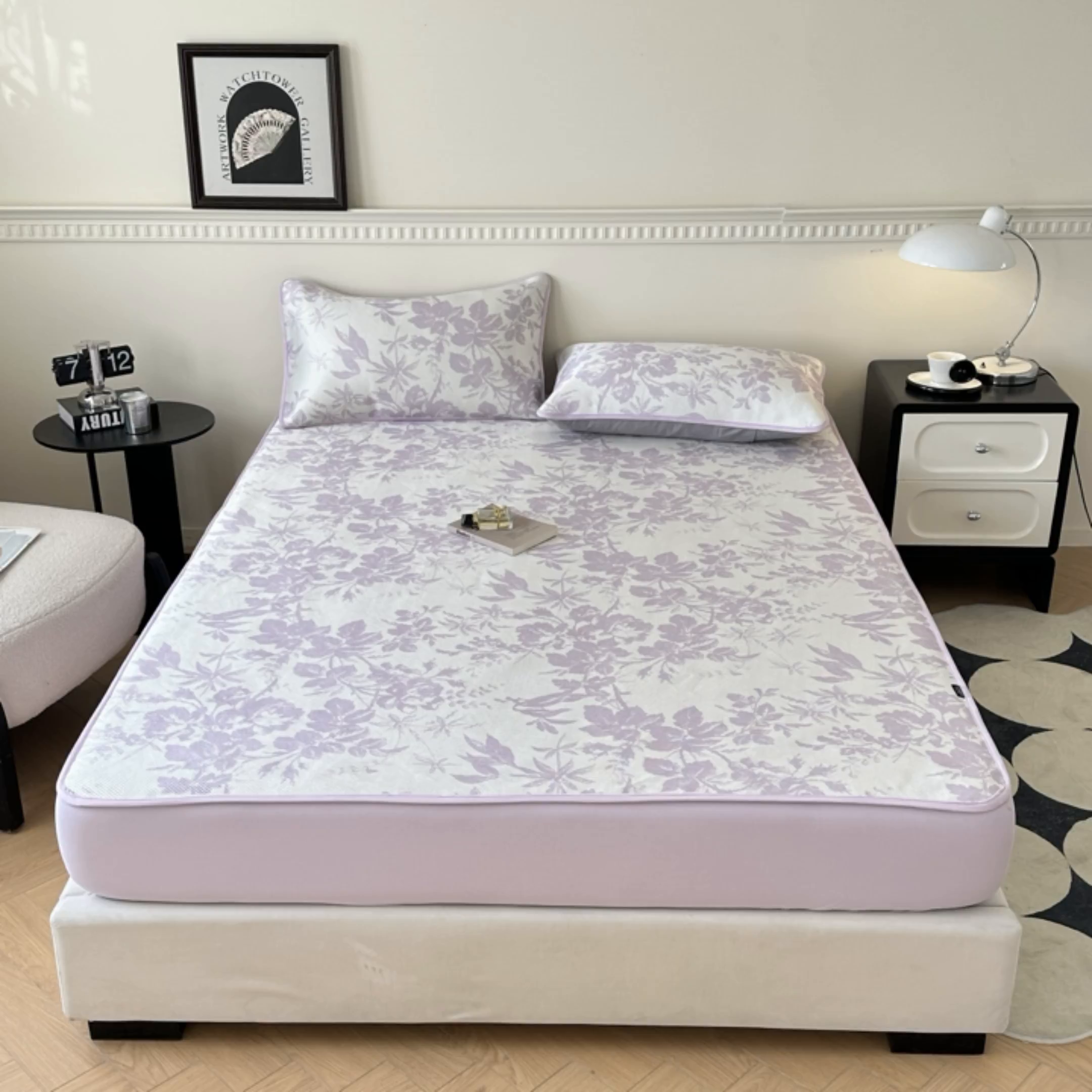 91家纺网 家纺一手货源 找家纺 宜代光年 2025新款数码印花冰藤席 床笠-冰藤繁花 紫