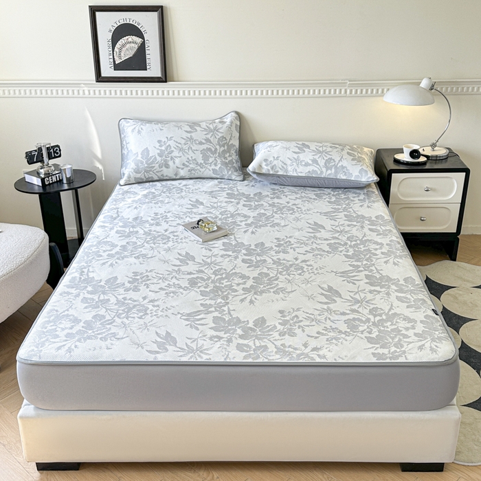 91家纺网 家纺一手货源 找家纺 宜代光年 2025新款数码印花冰藤席 床笠-冰藤繁花 灰