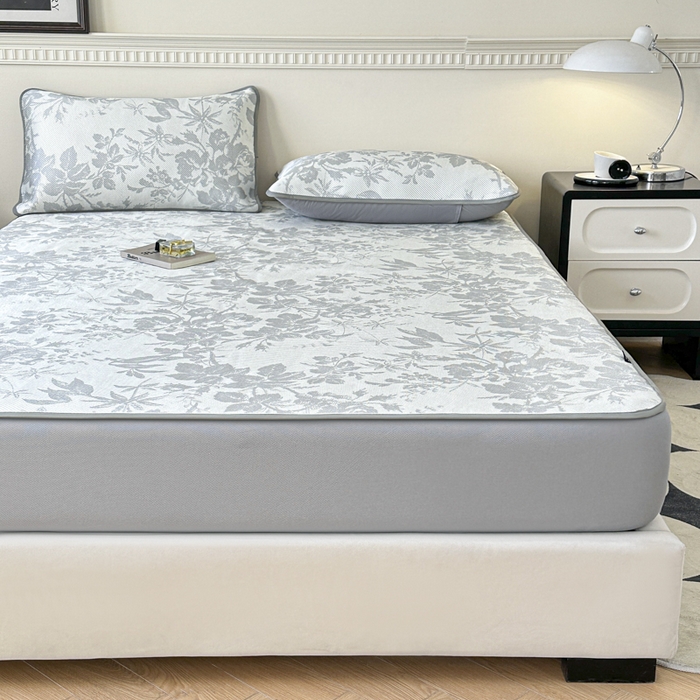 91家纺网 家纺一手货源 找家纺 宜代光年 2025新款数码印花冰藤席 床笠-冰藤繁花 灰