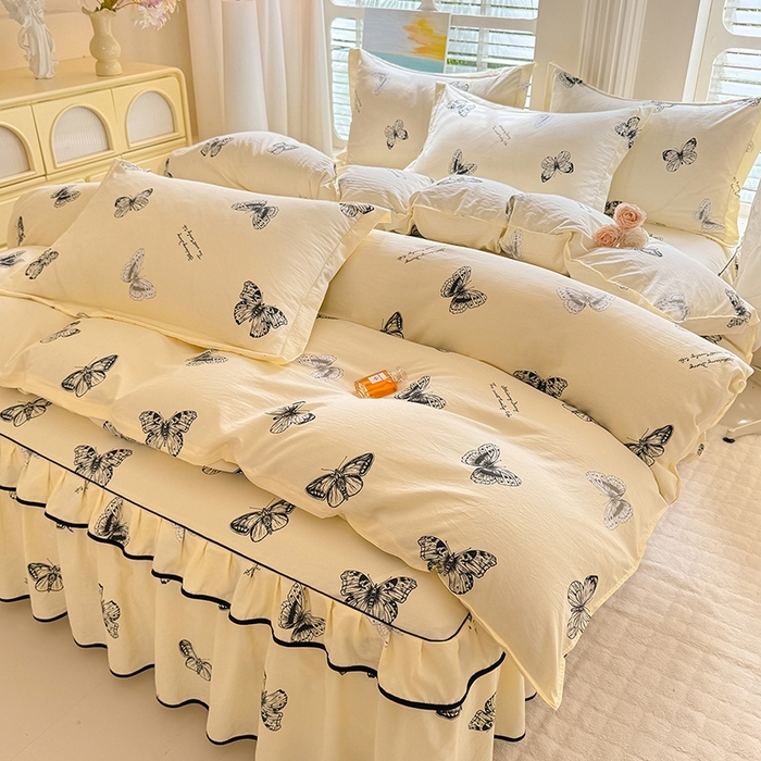 91家纺网 家纺一手货源 找家纺 （总）优家居 2025新品水洗棉床裙单件三件套韩版水洗皱皱纱床罩直播爆款-单床裙