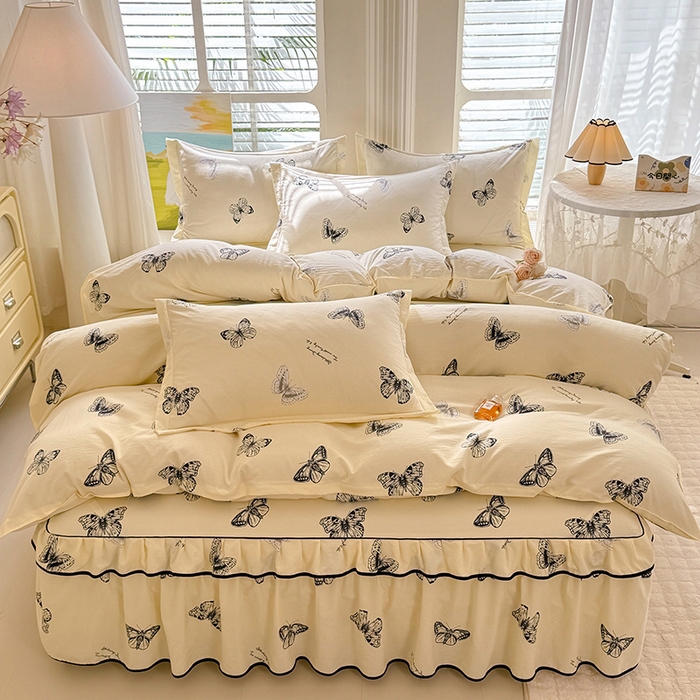 91家纺网 家纺一手货源 找家纺 （总）优家居 2025新品水洗棉床裙单件三件套韩版水洗皱皱纱床罩直播爆款-单床裙