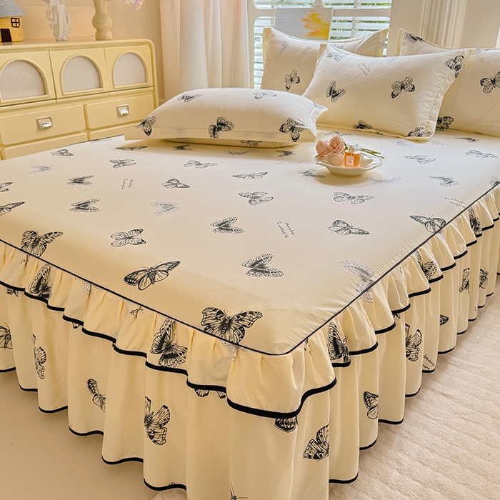 91家纺网 家纺一手货源 找家纺 （总）优家居 2025新品水洗棉床裙单件三件套韩版水洗皱皱纱床罩直播爆款-单床裙