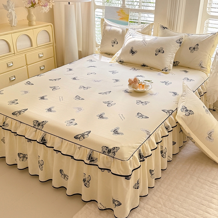 91家纺网 家纺一手货源 找家纺 （总）优家居 2025新品水洗棉床裙单件三件套韩版水洗皱皱纱床罩直播爆款-单床裙