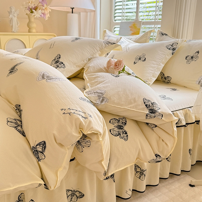 91家纺网 家纺一手货源 找家纺 （总）优家居 2025新品水洗棉床裙单件三件套韩版水洗皱皱纱床罩直播爆款-单床裙