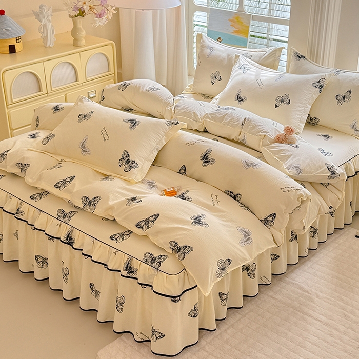 91家纺网 家纺一手货源 找家纺 （总）优家居 2025新品水洗棉床裙单件三件套韩版水洗皱皱纱床罩直播爆款-单床裙