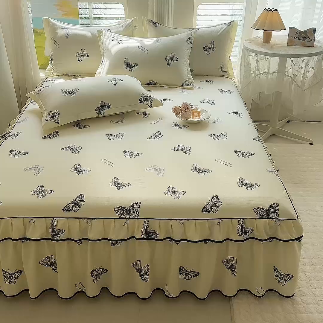 91家纺网 家纺一手货源 找家纺 （总）优家居 2025新品水洗棉床裙单件三件套韩版水洗皱皱纱床罩直播爆款-单床裙