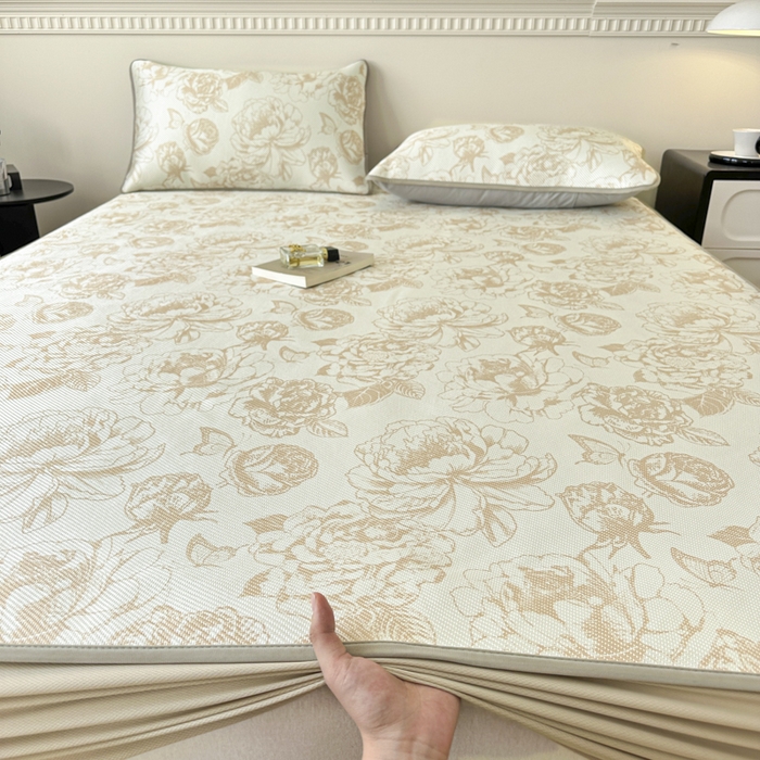 91家纺网 家纺一手货源 找家纺 宜代光年 2025新款数码印花冰藤席 床笠 冰藤牡丹 咖