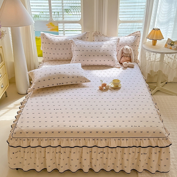 优家居 2025新品水洗棉床裙单件三件套韩版水洗皱皱纱床罩直播爆款-单床裙 爱心蝴蝶结