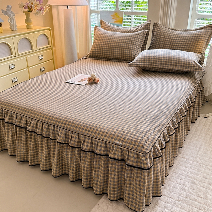 91家纺网 家纺一手货源 找家纺 优家居 2025新品水洗棉床裙单件三件套韩版水洗皱皱纱床罩直播爆款-单床裙 巴宝格-咖