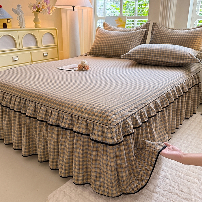 91家纺网 家纺一手货源 找家纺 优家居 2025新品水洗棉床裙单件三件套韩版水洗皱皱纱床罩直播爆款-单床裙 巴宝格-咖