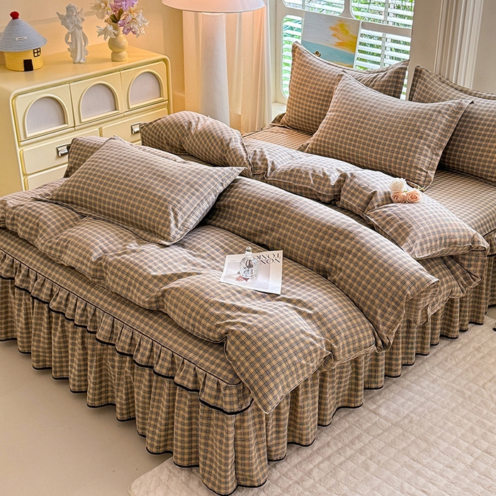 91家纺网 家纺一手货源 找家纺 优家居 2025新品水洗棉床裙单件三件套韩版水洗皱皱纱床罩直播爆款-单床裙 巴宝格-咖