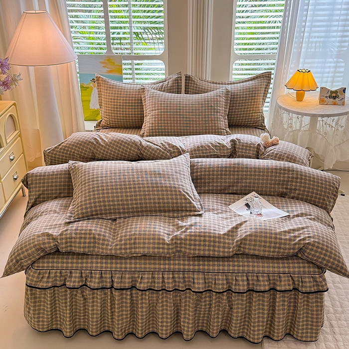 91家纺网 家纺一手货源 找家纺 优家居 2025新品水洗棉床裙单件三件套韩版水洗皱皱纱床罩直播爆款-单床裙 巴宝格-咖