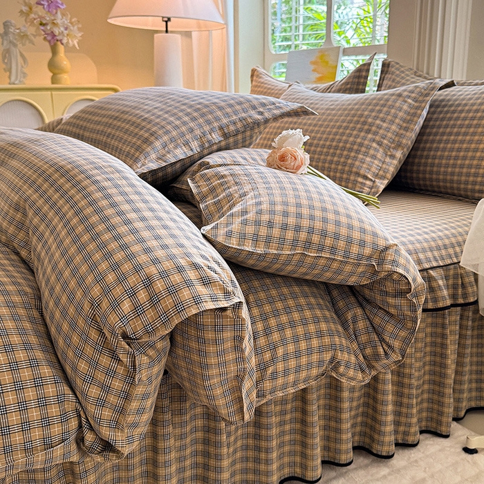 91家纺网 家纺一手货源 找家纺 优家居 2025新品水洗棉床裙单件三件套韩版水洗皱皱纱床罩直播爆款-单床裙 巴宝格-咖