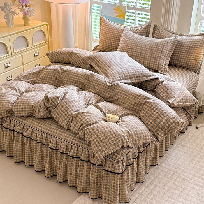 91家纺网 家纺一手货源 找家纺 优家居 2025新品水洗棉床裙单件三件套韩版水洗皱皱纱床罩直播爆款-单床裙 巴宝格-咖