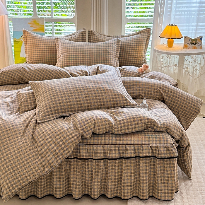 91家纺网 家纺一手货源 找家纺 优家居 2025新品水洗棉床裙单件三件套韩版水洗皱皱纱床罩直播爆款-单床裙 巴宝格-咖