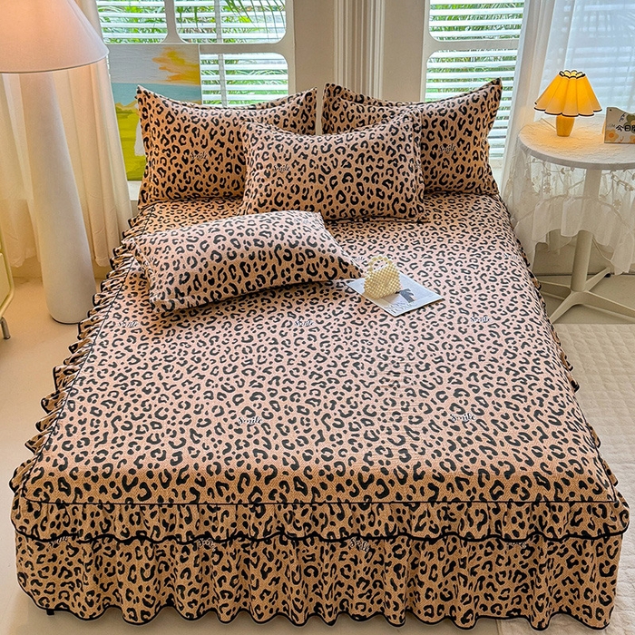 优家居 2025新品水洗棉床裙单件三件套韩版水洗皱皱纱床罩直播爆款-单床裙 豹纹-咖