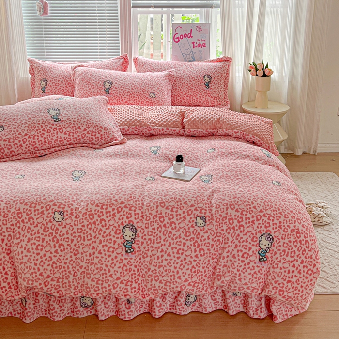 91家纺网 家纺一手货源 找家纺 一比一 2025新款加厚保暖豆豆牛奶绒床盖款四件套豹纹KT - 粉