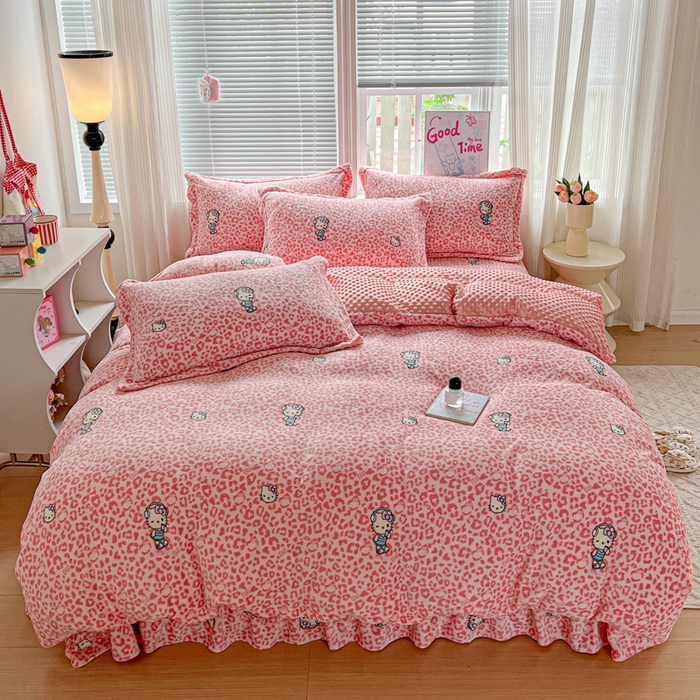 91家纺网 家纺一手货源 找家纺 一比一 2025新款加厚保暖豆豆牛奶绒床盖款四件套豹纹KT - 粉